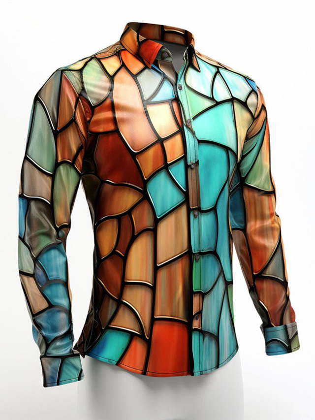 Color Block Colorful Artistic Abstract Men's Shirt Daily Wear Going out Fall & Winter Turndown Long Sleeve Yellow, Blue, Orange S, M, L 4-Way Stretch Fabric Shirt