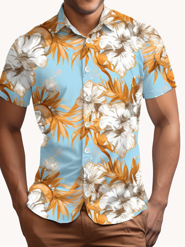  Floral Casual Men's Shirt Outdoor Street Casual Daily Fall Turndown Short Sleeve Blue S M L Shirt