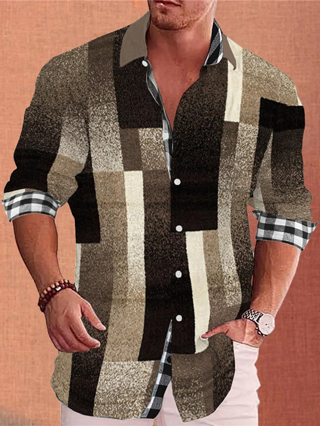  Plaid / Check Casual Men's Shirt Daily Wear Going out Weekend Fall & Winter Turndown Long Sleeve Brown S, M, L Slub Fabric Shirt