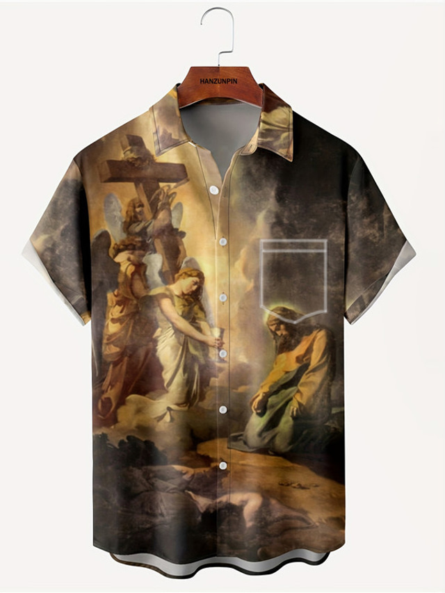  Jesus Vintage Men's Shirt Daily Wear Going out Weekend Autumn / Fall Turndown Short Sleeves Brown S, M, L 4-Way Stretch Fabric Shirt