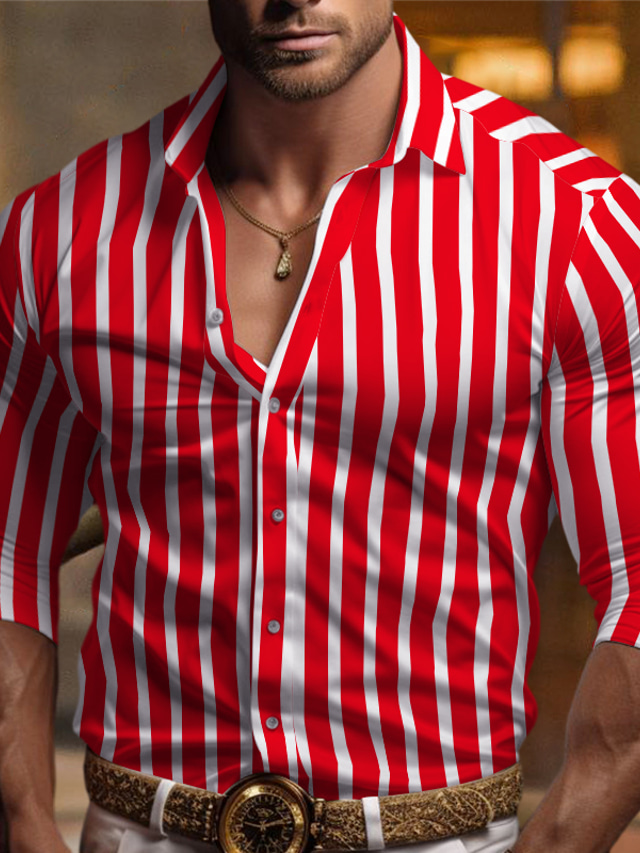  Homens Camisa Social Saia camisa de botão Preto Branco Vermelho Manga Longa Riscas Lapela Primavera & Outono Escritório e Carreira Festa de Casamento Roupa
