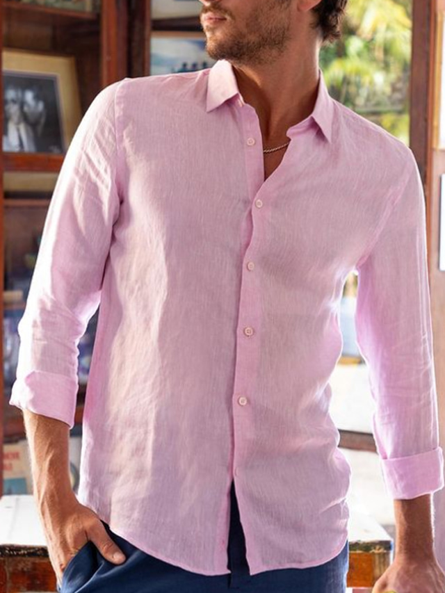  男性用 シャツ リネンシャツ ボタンアップシャツ ビーチシャツ ピンク 長袖 平織り ラペル 春 & 秋 カジュアル 日常 衣類