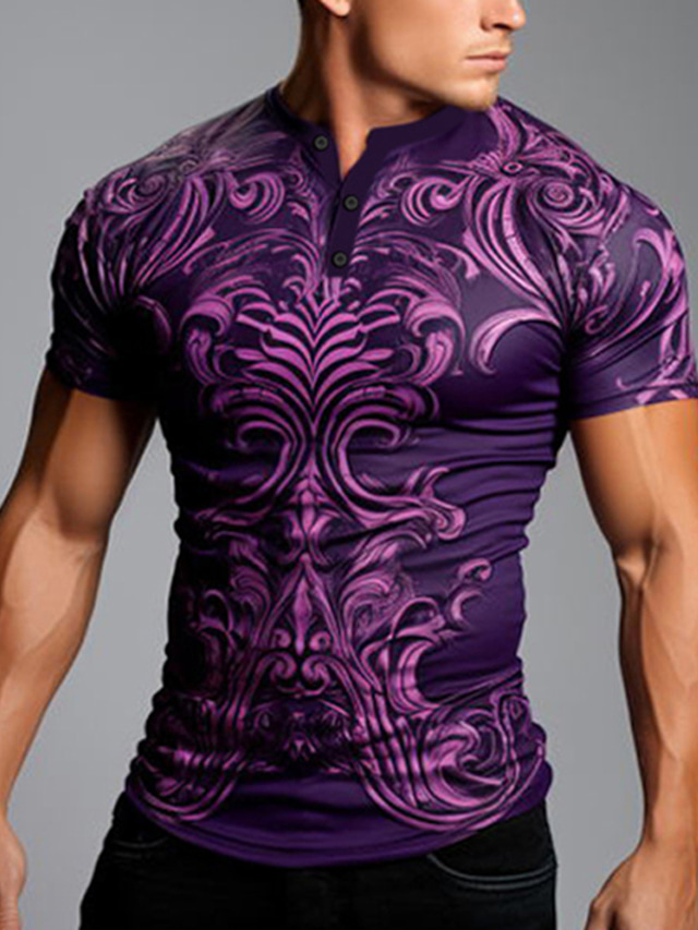  Homme Graphic Abstrait T shirt Chemise Henley Shirt Manche Courte T-shirt 3D effet Henley Chemise Mode Classique Décontractées Sport extérieur Vacances Sortie Violet foncé Violet Printemps été