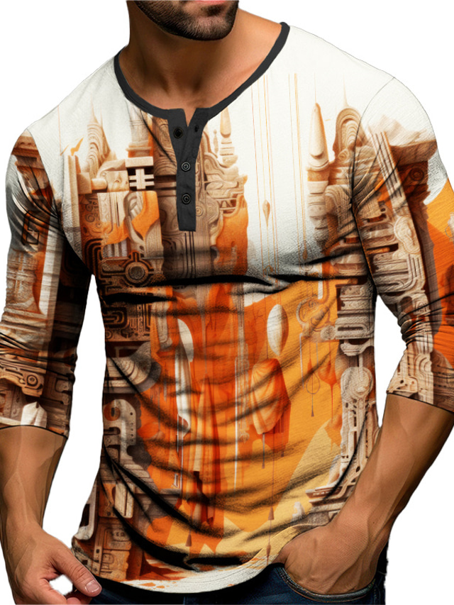  Graphic Building Fashion Daily Casual Men's 3D Print Henley Shirt Casual Holiday Going out T shirt Red Blue Orange Long Sleeve Henley Shirt Spring &  Fall Clothing Apparel S M L XL XXL 3XL 4XL