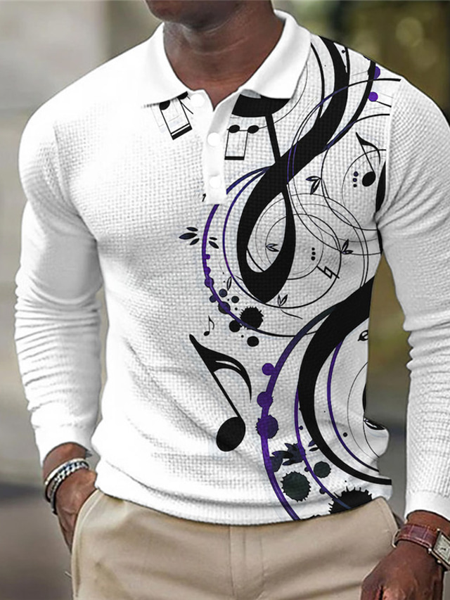  Musical Notes Men's Casual 3D Print Waffle Polo Shirt Outdoor Casual Daily Streetwear Waffle Fabric Long Sleeve Turndown Polo Shirts Black White Fall & Winter S M L Micro-elastic Lapel Polo