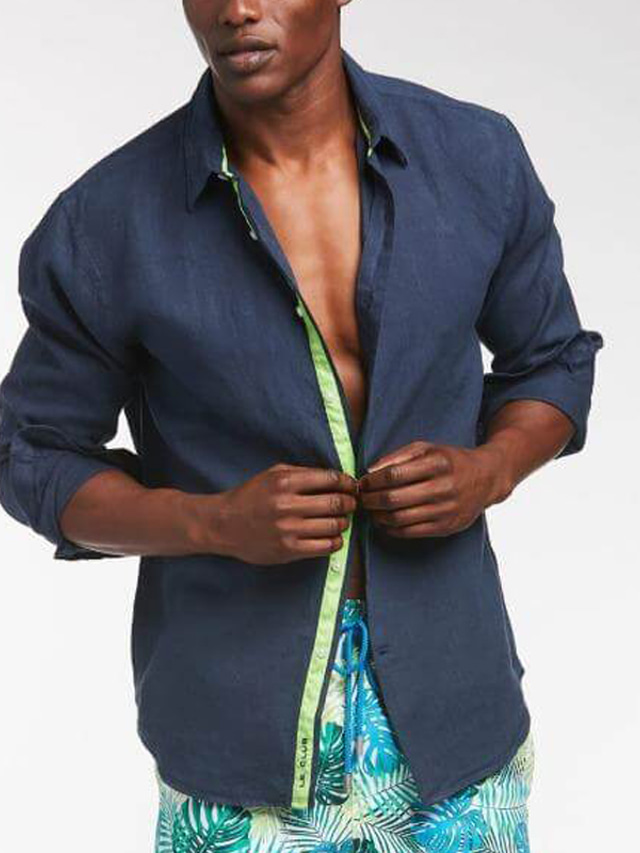  Men's Shirt Linen Shirt Cotton Linen Shirt Beach Shirt Button Up Shirt Plain Casual Daily White Light Green Pink Navy Blue Long Sleeve Lapel Spring & Summer Clothing Apparel