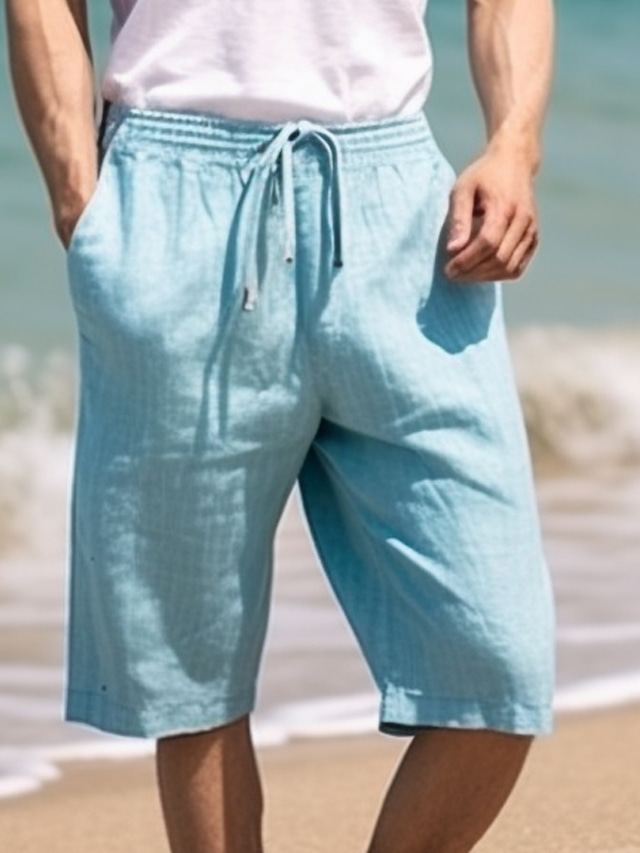  Men's Shorts Linen Shorts Summer Shorts Drawstring Elastic Waist Straight Leg Plain Comfort Breathable Short Casual Daily Holiday Fashion Classic Style Light Khaki Navy Blue