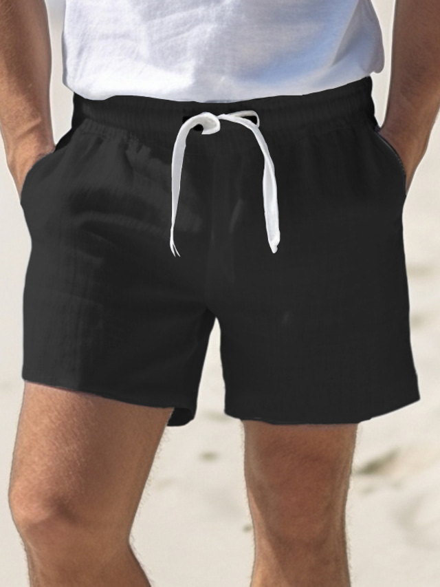  Men's Shorts Linen Shorts Summer Shorts Pocket Drawstring Elastic Waist Plain Comfort Breathable Outdoor Daily Going out Fashion Casual Black White