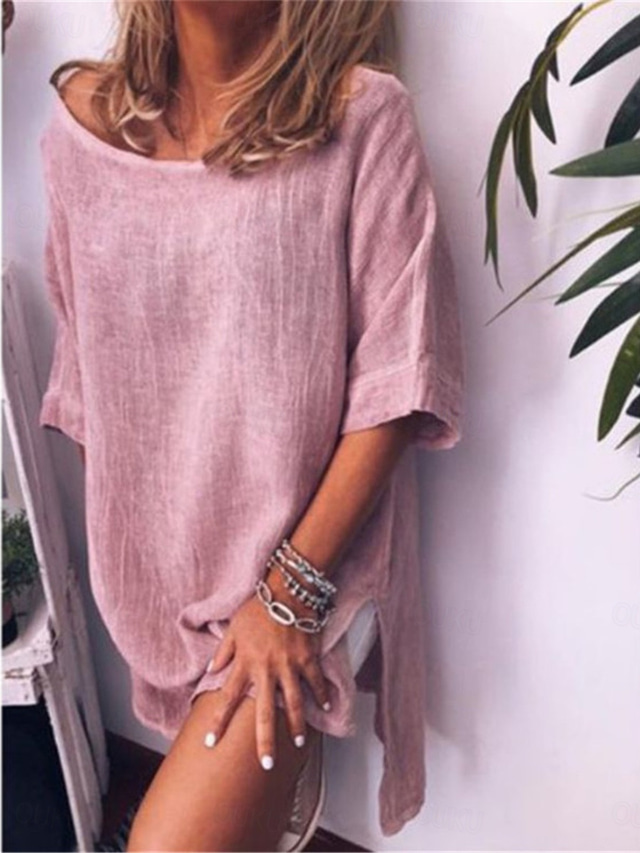  Mulheres Branco Rosa Azul Verão Minivestido Vestidos inspirados em linho Camisetão Vestido de verão de algodão Básico Diário Final de semana Ajuste Largo Tecido Gola Redonda