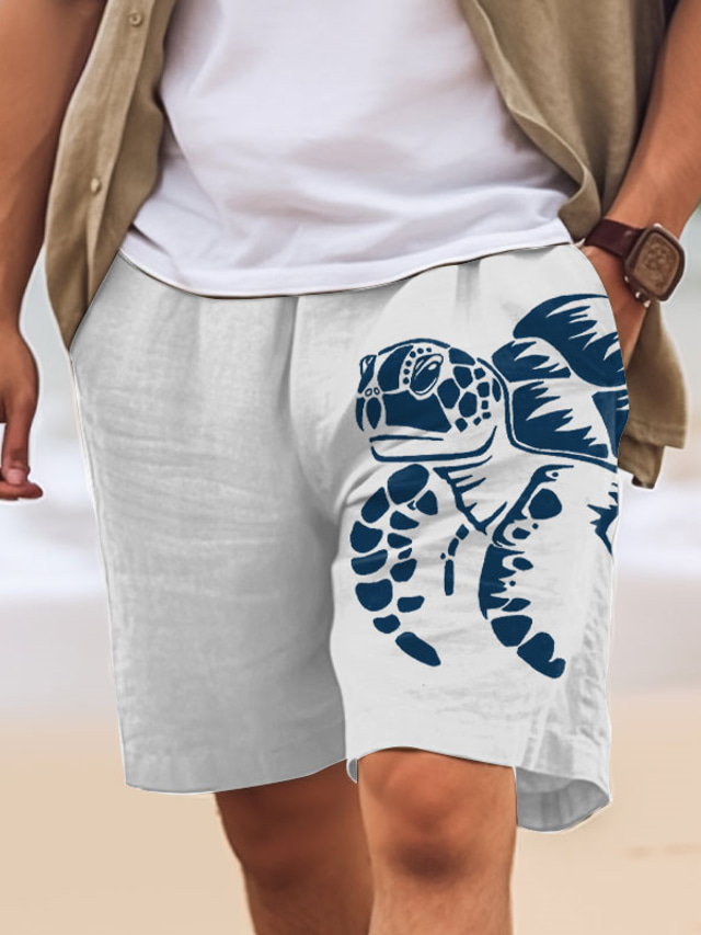  Herren-Shorts aus Baumwolle, Sommer-Shorts, Strand-Shorts, bedruckt, Kordelzug, elastischer Bund, bequem, atmungsaktiv, kurz, Outdoor, Urlaub, Ausgehen, Baumwollmischung, hawaiianisch, lässig, weiß,