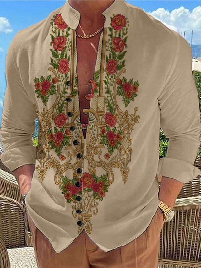  λουλουδάτο casual ανδρικό πουκάμισο για την ημέρα του Αγίου Βαλεντίνου καθημερινή χρήση που βγαίνει το Σαββατοκύριακο την άνοιξη& καλοκαιρινό όρθιο γιακά μακρυμάνικο λευκό, χακί s, m, l slub