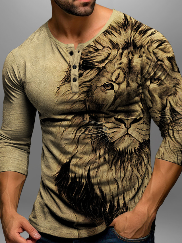  Graphic Lion Fashion Daily Casual Men's 3D Print Henley Shirt Casual Holiday Going out T shirt Blue Brown Green Long Sleeve Henley Shirt Spring &  Fall Clothing Apparel S M L XL XXL 3XL 4XL