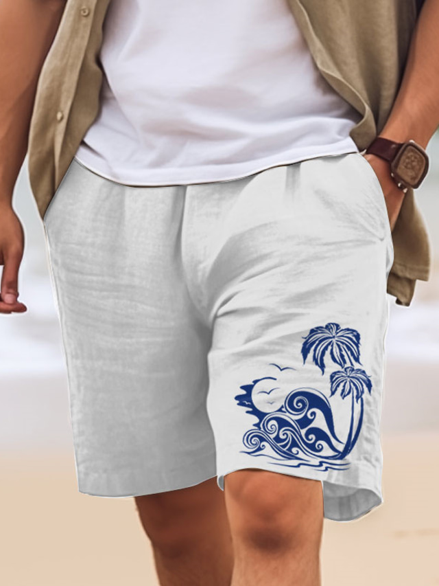  Men's Cotton Shorts Summer Shorts Beach Shorts Print Drawstring Elastic Waist Coconut Tree Spray Comfort Breathable Short Outdoor Holiday Going out Cotton Blend Hawaiian Casual White Pink