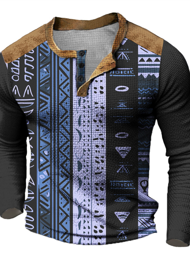  Graphic Tribal Designer Casual Vintage Retro Men's 3D Print Henley Shirt Waffle T Shirt Sports Outdoor Holiday Festival T shirt Blue Red & White Green Long Sleeve Henley Shirt Spring &  Fall Clothing