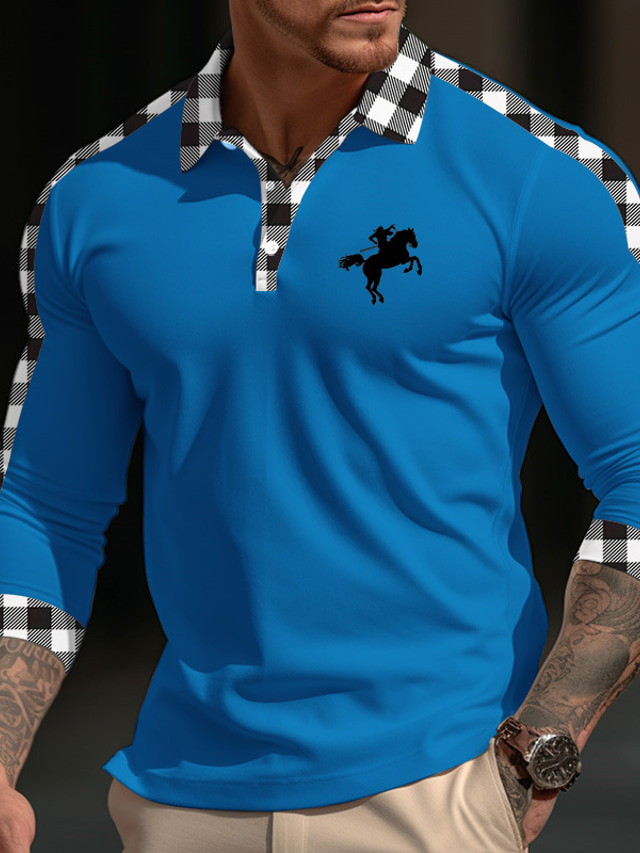  Homme Polo sport Polos boutonnés Casual Des sports Revers manche longue Mode basique Plaid Bloc de couleur Bouton Broderie Printemps & Automne Standard Blanche Jaune Bleu Bleu de minuit Polo sport