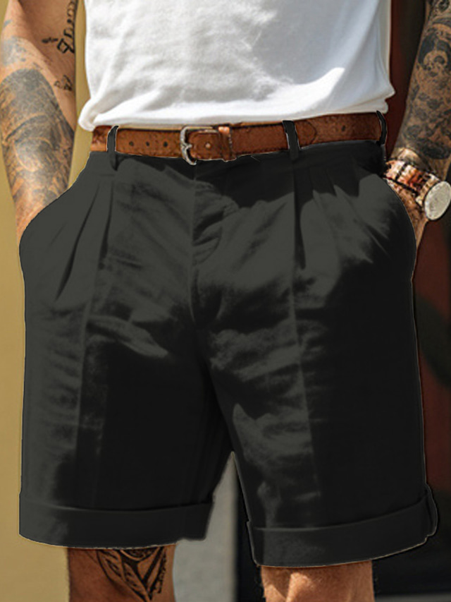  Homens Calção Shorts de linho Shorts sociais Shorts de verão Short plissado Bolsos Pregas Perna reta Tecido Conforto Respirável Curto Casual Diário Feriado Moda Designer Preto Branco