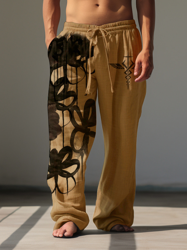  Men's Vintage Floral Linen Pants Pants Trousers Mid Waist Outdoor Daily Wear Streetwear Fall & Winter Regular Fit