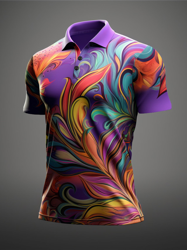  Carnival Leaf Symbol Men's Abstract Print 3D Golf Polo Outdoor Daily Wear Streetwear Mardi Gras Polyester Short Sleeve Turndown Polo Shirts Mint Green Light Purple Spring & Summer S M L Micro-elastic