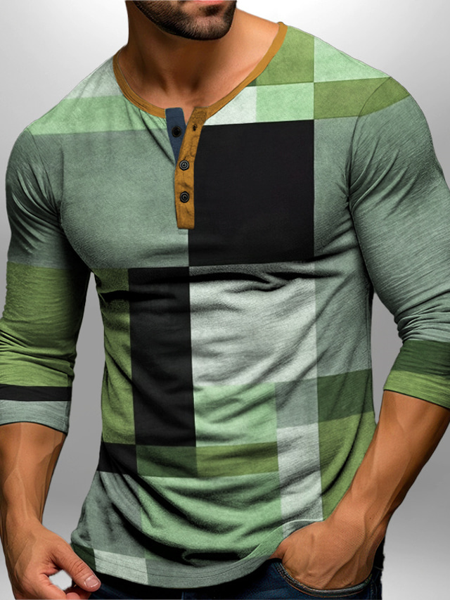  Herren Graphic Farbblock Henley Shirt Langarm T-Shirt 3D-Druck Henley Hemd Modisch Täglich Brautkleider schlicht Casual Festtage Ausgehen Blau Braun Grün Frühling & Herbst Bekleidung S M L XL XXL 3XL