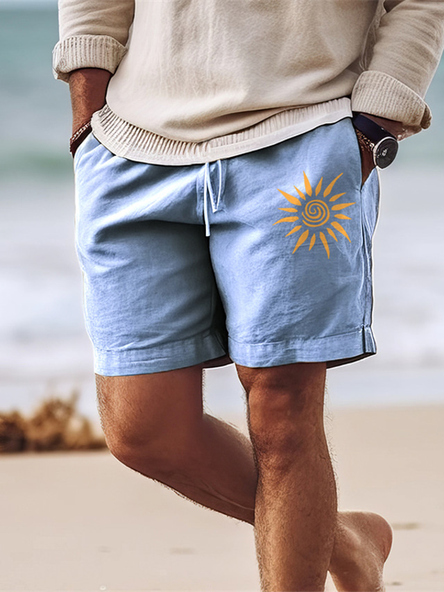  Herren-Shorts aus Baumwolle, Sommer-Shorts, Strand-Shorts, bedruckt, Kordelzug, elastische Taille, Sonne, Komfort, atmungsaktiv, kurz, Outdoor, Urlaub, Ausgehen, Baumwollmischung, hawaiianisch,