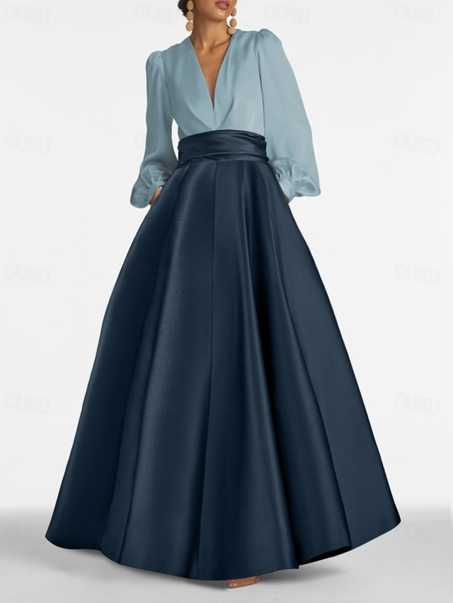  TS A-Line Evening Gown Elegant Dress Formal Wedding Guest Floor Length Long Sleeve V Neck Satin with Ruched 2025