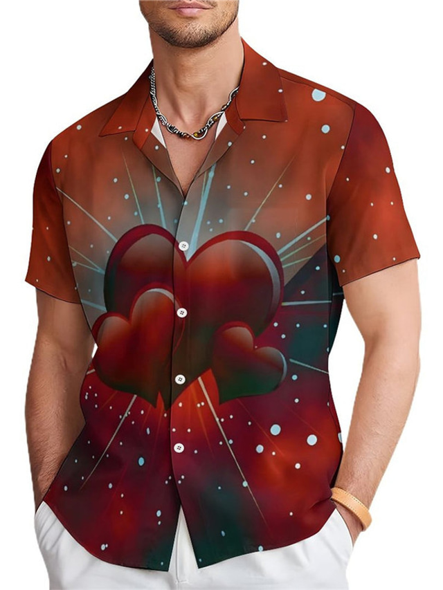  Valentine's Day Heart Casual Men's Shirt Daily Wear Going out Weekend Summer Turndown Short Sleeves Burgundy, Gray S, M, L 4-Way Stretch Fabric Shirt