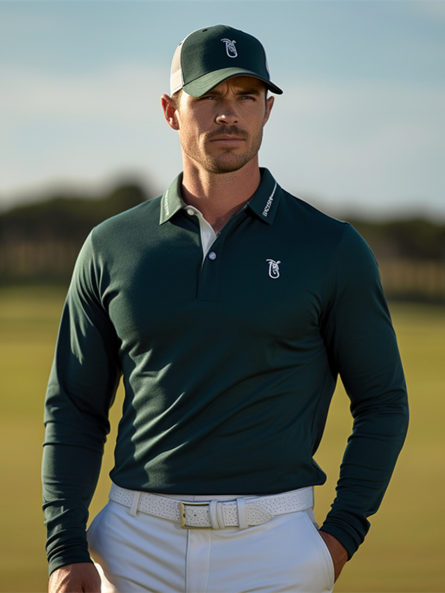  Men's Sport Polo Golf Shirt Casual Sports Lapel Long Sleeve Fashion Basic Button Spring &  Fall Regular Fit Dark Green Sport Polo