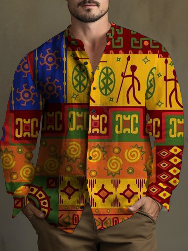  Ethnisch Vintage Stamm Herren Hemd Freizeitskleidung Ausgehen Wochenende Herbst Winter Stehkragen Langarm Rote, Purpur, Orange S, M, L Slub Stoff Hemd