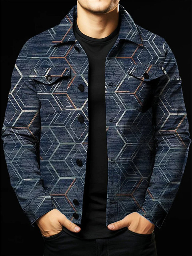  Geometry Vintage Men's Shirt Shirt Jacket Shacket Outdoor Street Casual Daily Fall & Winter Turndown Long Sleeve Blue S M L Shirt