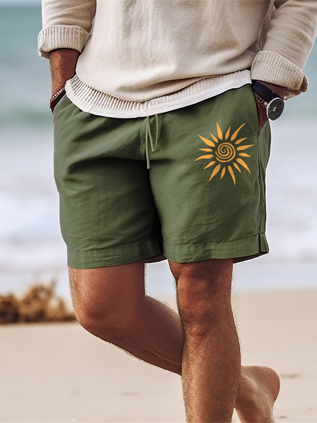  Herren-Shorts aus Baumwolle, Sommer-Shorts, Strand-Shorts, bedruckt, Kordelzug, elastische Taille, Sonne, Komfort, atmungsaktiv, kurz, Outdoor, Urlaub, Ausgehen, Baumwollmischung, hawaiianisch,