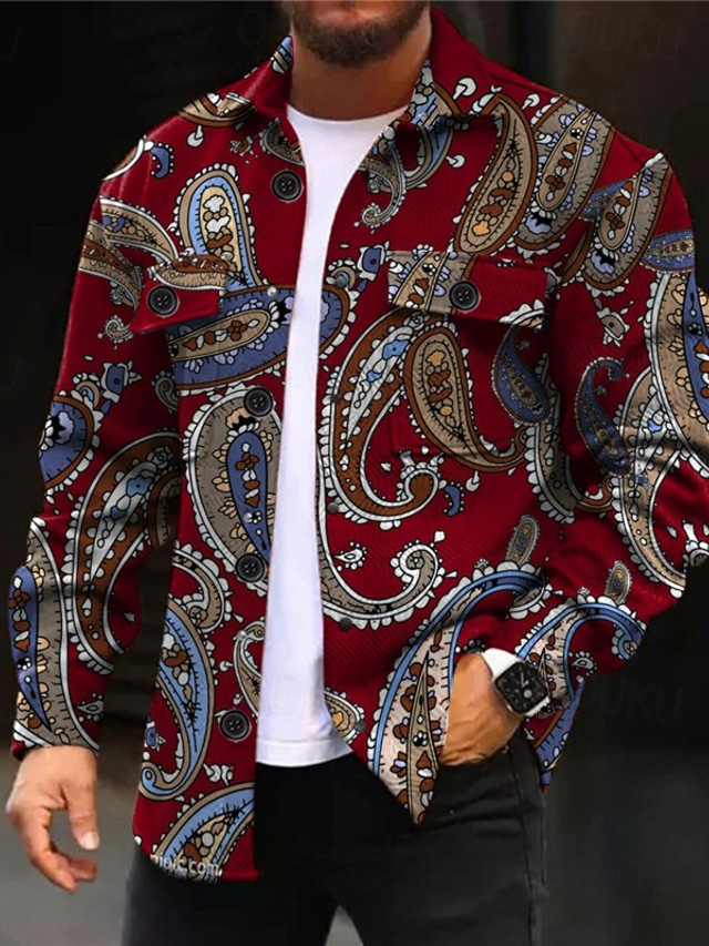  Men's Paisley Shirt Shirt Jacket Overshirt Long Sleeve Vintage Boho Daily Wear Going out Weekend Fall & Winter Turndown Pocket Print Button-Down Black Burgundy