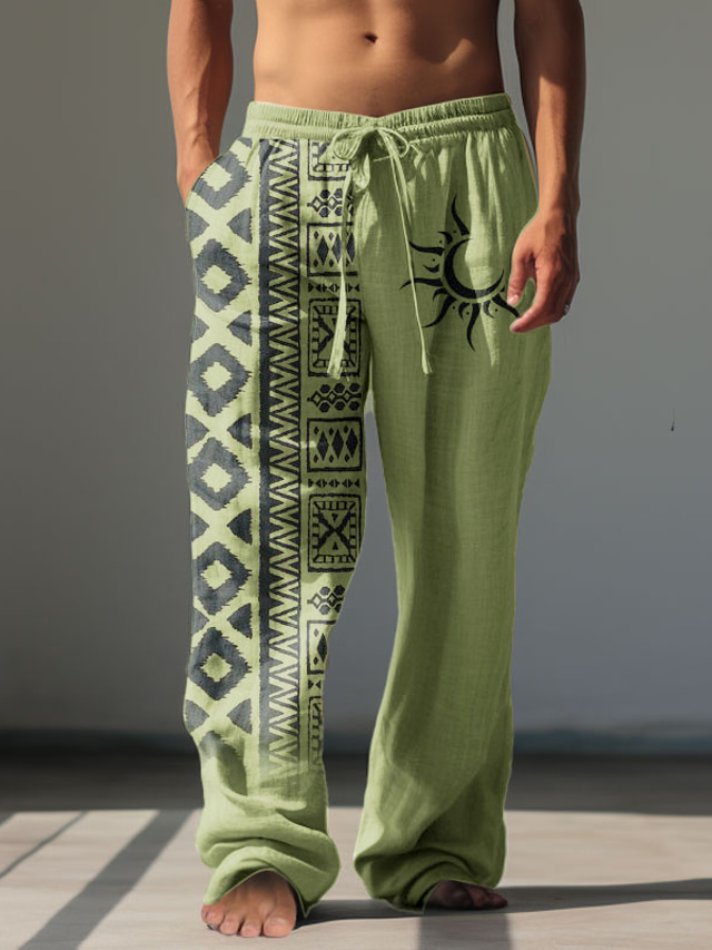  Men's Vintage Sun Tribal Linen Pants Pants Trousers Mid Waist Outdoor Daily Wear Streetwear Fall & Winter Regular Fit