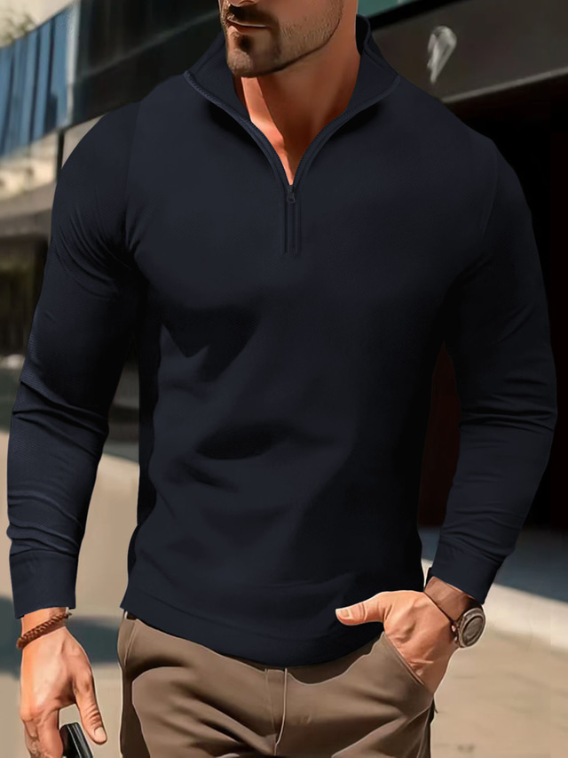  Men's Polo Shirt High Neck Outdoor Casual Lapel Quarter Zip Long Sleeve Fashion Basic Waves Solid / Plain Color Quarter Zip Spring &  Fall Regular Fit Black White Dark Navy Blue Polo Shirt