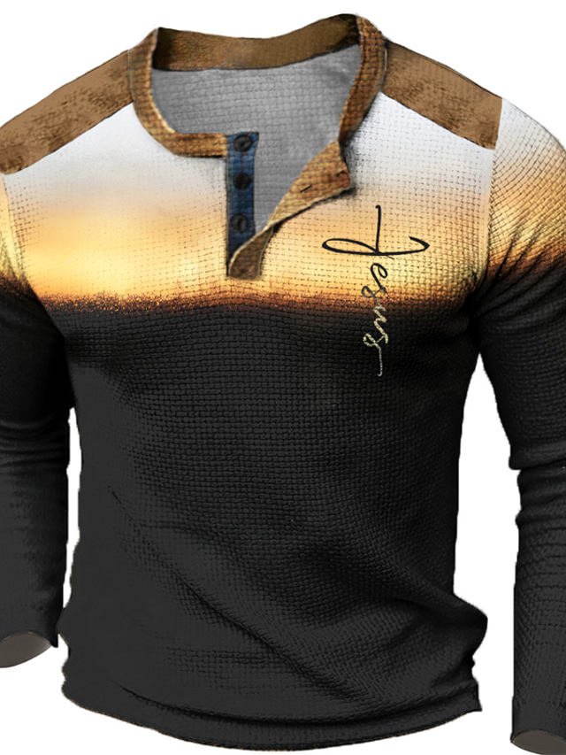  Graficzny Kolorowy blok Wiara Moda Designerskie Codzienny Męskie Druk 3D Koszula Henley T-shirt waflowy Sporty na świeżym powietrzu Święto Festiwal Podkoszulek Czarny Granatowy Brązowy Długi rękaw