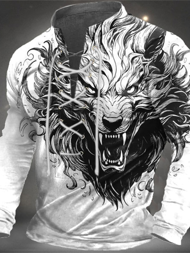  Wolf Graphic Prints Men's Daily 3D Print Sweatshirt Holiday Going out Streetwear Sweatshirts White Brown Long Sleeve Stand Collar Lace up Print Spring &  Fall Designer Hoodie Sweatshirt