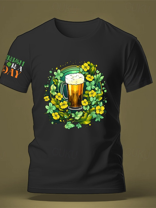  St.Patrick's Day Floral Oktoberfest Beer St. Patrick's Day Black White Blue T shirt Tee Men's Graphic Cotton Blend Shirt Sports Classic Shirt Short Sleeve Comfortable Tee Sports Outdoor Holiday