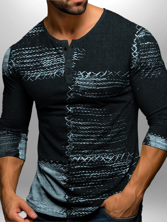  Men's Graphic Patchwork Henley Shirt Waffle T Shirt Long Sleeve T shirt 3D Print Henley Shirt Fashion Designer Casual Sports Outdoor Holiday Festival Black Brown Green Spring &  Fall Clothing Apparel