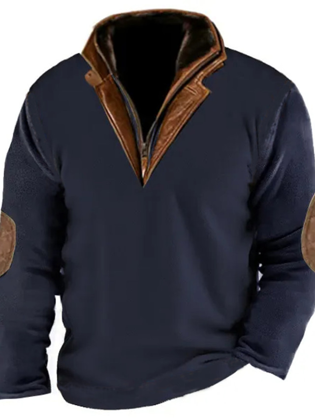  Men's Sweatshirt Quarter Zip Sweatshirt Navy Blue Standing Collar Color Block Sports & Outdoor Daily Holiday Streetwear Basic Casual Spring &  Fall Clothing Apparel Hoodies Sweatshirts 