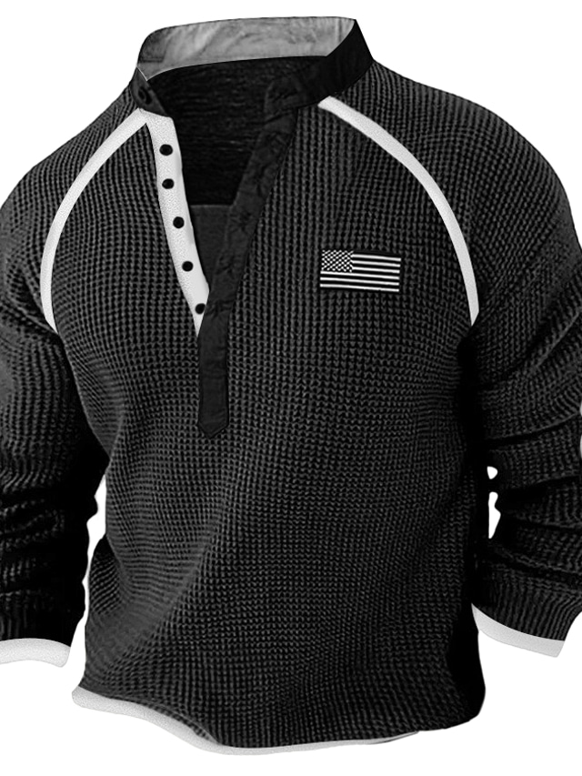  Men's T shirt Tee Henley Shirt Waffle Knit Tee Tee Top Long Sleeve Shirt Color Block National Flag Standing Collar Street Vacation Long Sleeve Patchwork Clothing Apparel Fashion Designer Basic