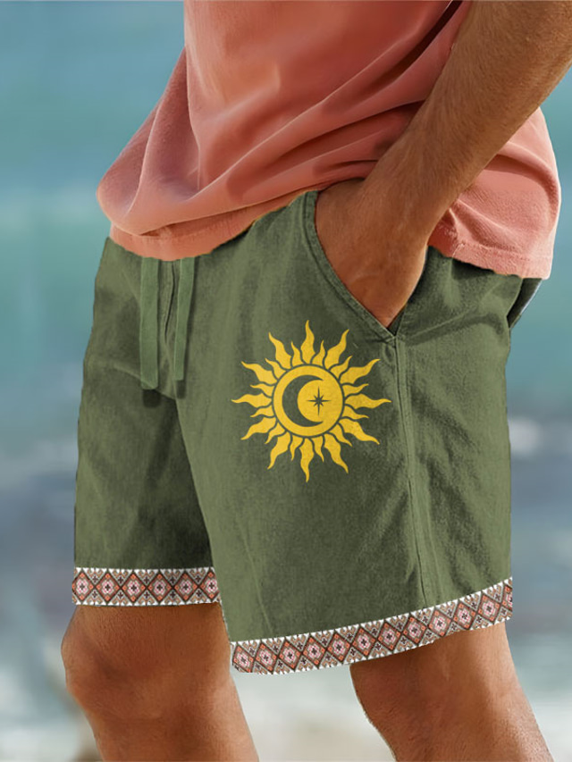  Men's Cotton Linen Shorts Summer Shorts Beach Shorts Print Drawstring Elastic Waist Sun Comfort Breathable Short Outdoor Holiday Going out Cotton Blend Hawaiian Ethnic Style White Army Green