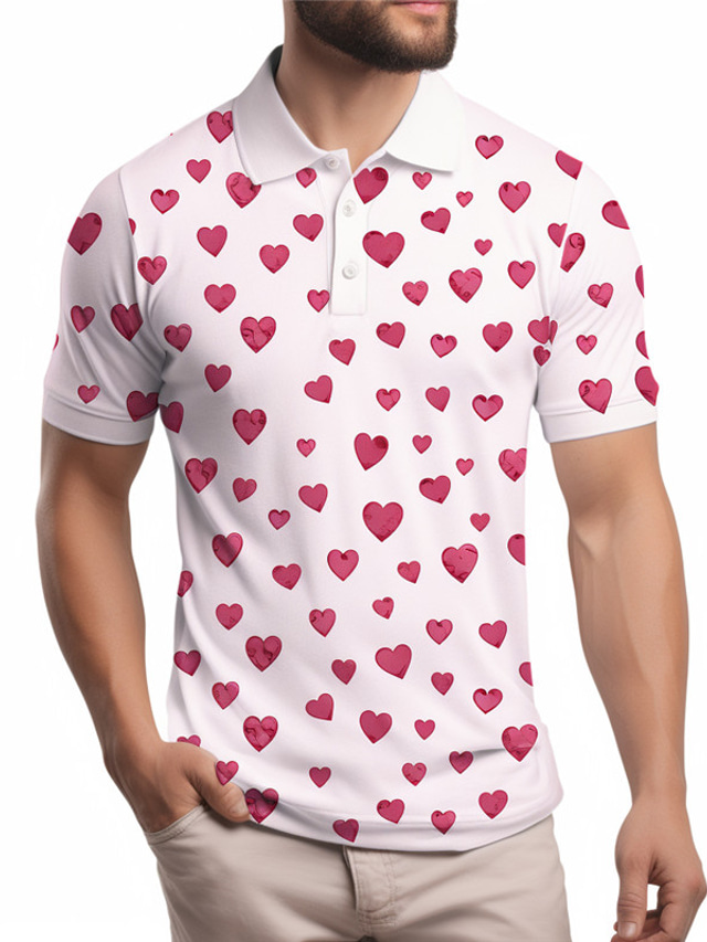  Valentijnsdag hart heren casual print 3D buiten dagelijkse kleding streetwear polyester korte mouw turndown poloshirts roze wijn lente& zomer s ml micro-elastisch