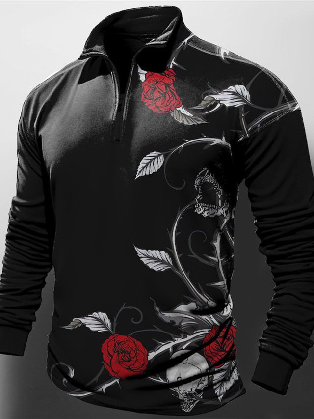  Valentine's Day Rose Men's Abstract Print 3D Zip Polo Outdoor Casual Daily Streetwear Polyester Long Sleeve Zip Polo Shirts Red Blue Spring & Summer S M L Micro-elastic