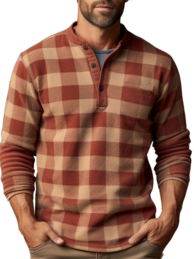  Graficzny Kratka Moda Codzienny Męskie Druk 3D Koszula Henley Codzienny Święto Wyjściowe Podkoszulek Czerwony Niebieski Zielony Długi rękaw Henley Koszula Wiosna i jesień Odzież S M L XL XXL 3XL 4XL