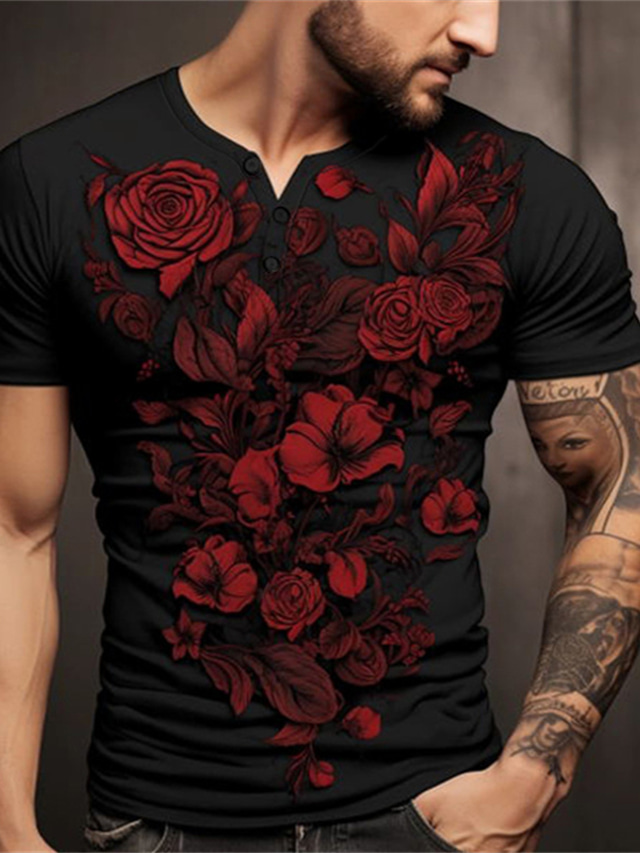  Rose Graphic Valentine's Day Fashion Retro Vintage Classic Men's 3D Print T shirt Tee Henley Shirt Sports Outdoor Holiday Going out T shirt Black Red Short Sleeve Henley Shirt Spring & Summer