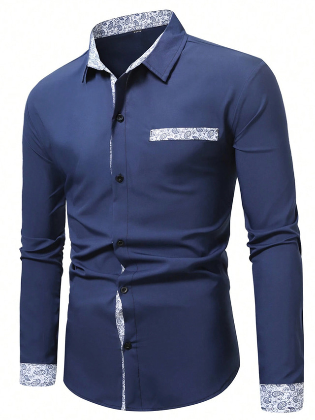  Men's Shirt Button Up Shirt Casual Shirt White Blue Dark Blue Long Sleeve Paisley Color Block Lapel Daily Vacation Fake Pocket Clothing Apparel Fashion Casual Comfortable Smart Casual