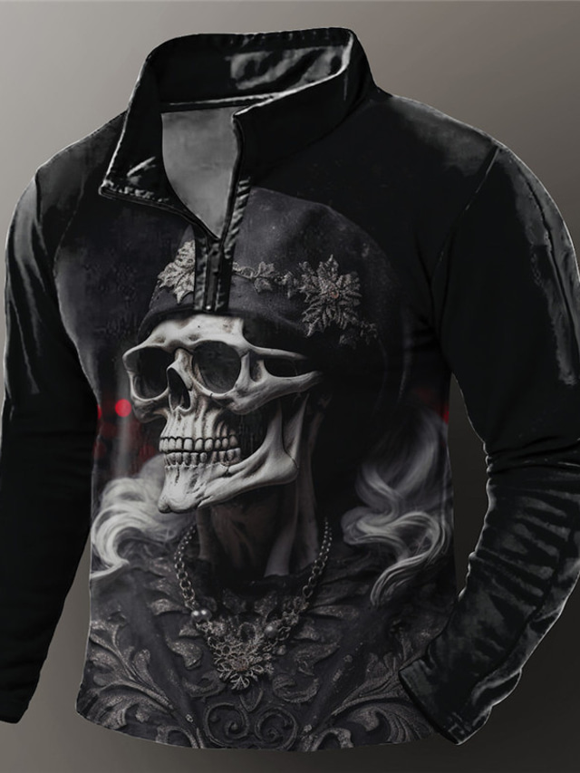  Skeleton Men's Abstract Print 3D Zip Polo Outdoor Casual Daily Streetwear Polyester Long Sleeve Zip Polo Shirts Black Gray Spring & Summer S M L Micro-elastic Lapel Polo