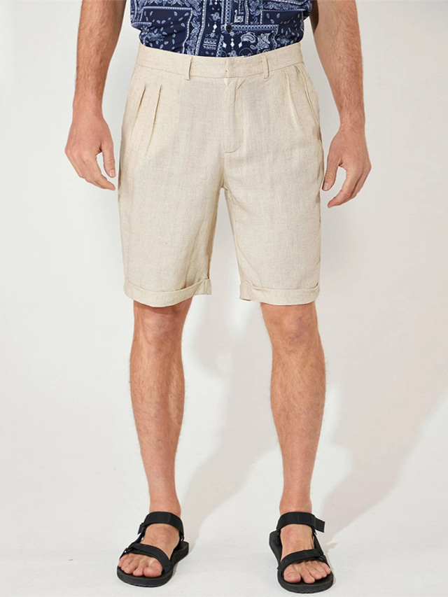  Men's Shorts Linen Shorts Summer Shorts Pleated Shorts Button Pocket Pleats Plain Comfort Breathable Short Casual Daily Holiday Fashion Designer Black White