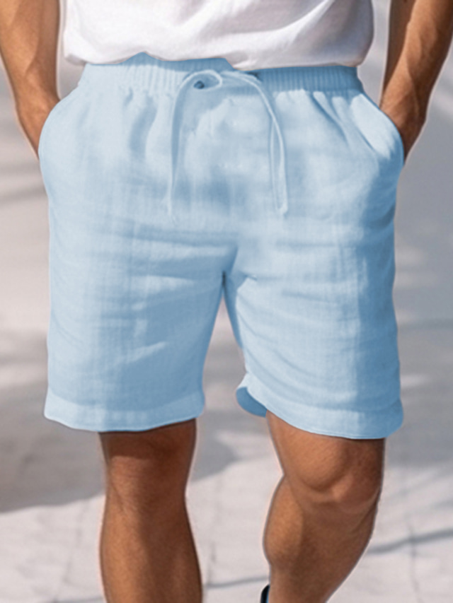  Homens Calção Shorts de linho Shorts de verão Bolsos Com Cordão Cintura elástica Tecido Conforto Respirável Ao ar livre Diário Para Noite 100% Algodão Moda Casual Branco Azul Marinha