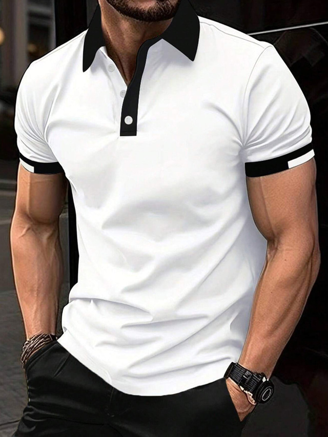  Men's Sport Polo Golf Shirt Casual Sports Tops Ribbed Polo Collar Short Sleeve Fashion Basic Solid Color Patchwork Summer Regular Fit Black White Red Blue Green Sport Polo