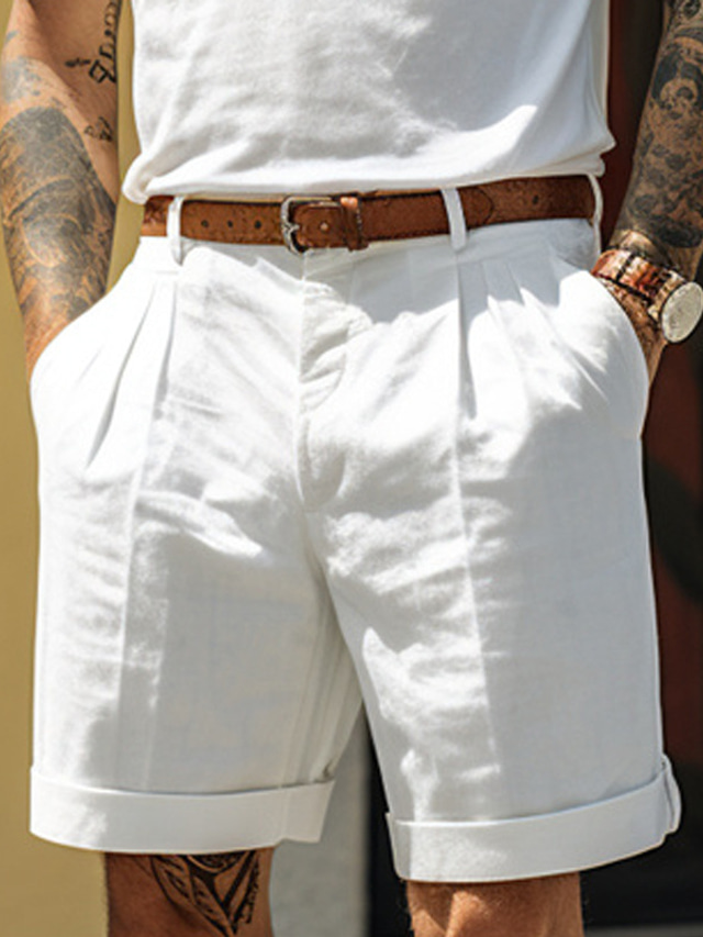  Men's Shorts Linen Shorts Summer Shorts Pleated Shorts Pocket Pleats Straight Leg Plain Comfort Breathable Short Casual Daily Holiday Fashion Designer Black White